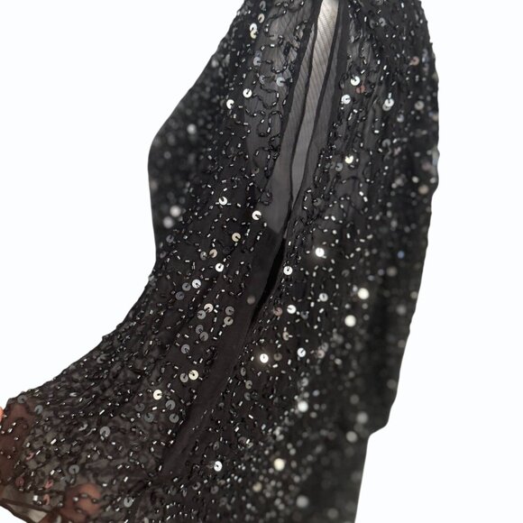 Pisarro Nights Black 100% Silk Sequin Dress Womens 8 Cold Shoulder Elegant LBD - Picture 5 of 15